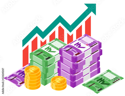 Indian Rupee Exchange Rate Stock Market Value Price Increase up vector icon logo illustration design. India currency business, finance, and economy element. Can be used for web, mobile & infographic