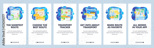 Public transport information and tracking. GPS navigation map with fastest route. Map in your phone. Mobile app screens. Vector banner template for website development. Web site design illustration