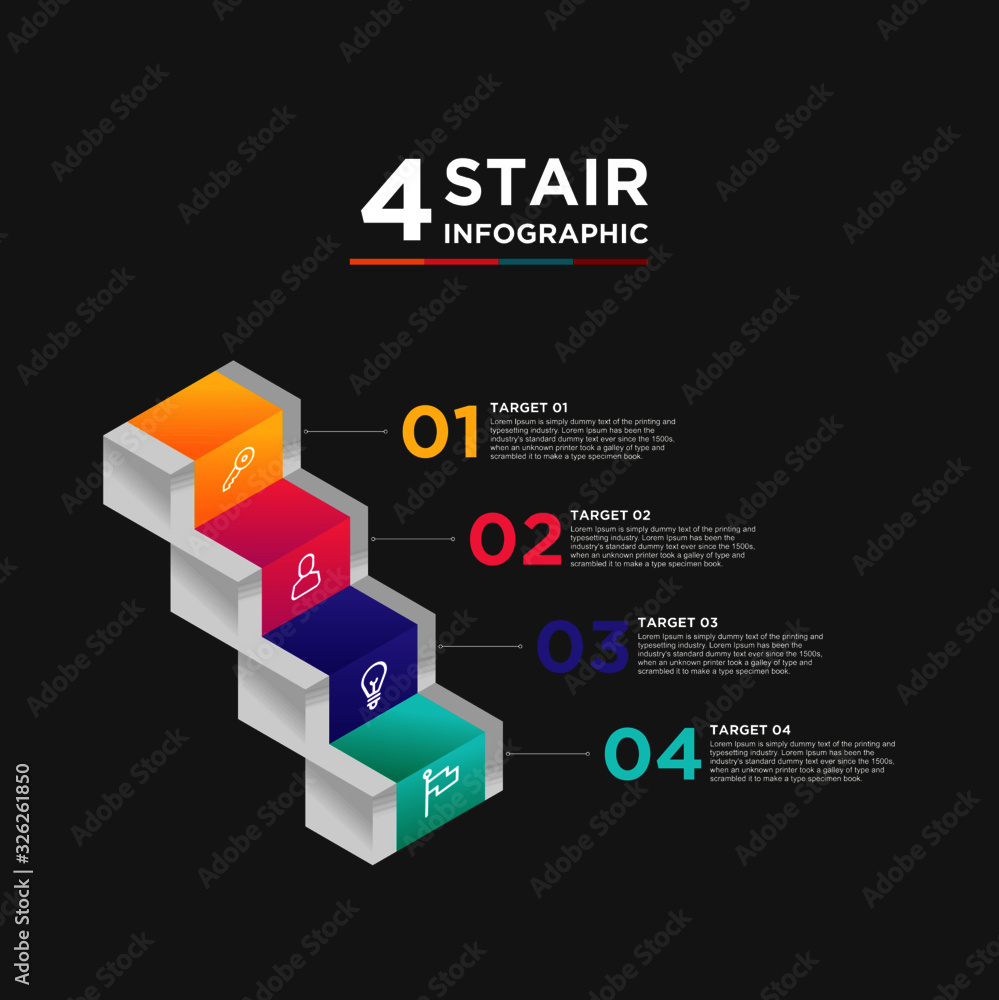 4 stair step timeline infographic element. Business concept with four options and number, steps or processes. data visualization. Vector illustration. isolated black background 4 stair step timeline infographic element. Business concept with four options and number, steps or processes. data visualization. Vector illustration. isolated black background