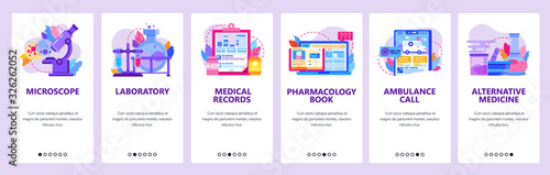 Medical lab microscope, traditional medicine, ambulance call, medical records, chemistry lab. Mobile app screens. Vector banner template for website mobile development. Web site design illustration