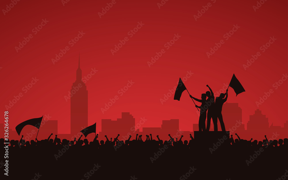 Silhouette group of protesters people raised fist and flags protest in city with red color sky background - obrazy, fototapety, plakaty 