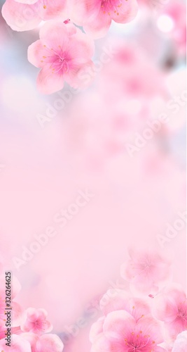 vertical Japanese Spring Sakura cherry blossoms 160x600 size website skyscraper banner background. 3D Illustration Clip-Art floral spring petal design header. copy space in pink, white, blue © remotevfx