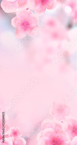 vertical Japanese Spring Sakura cherry blossoms 160x600 size website skyscraper banner background. 3D Illustration Clip-Art floral spring petal design header. copy space in pink, white, blue