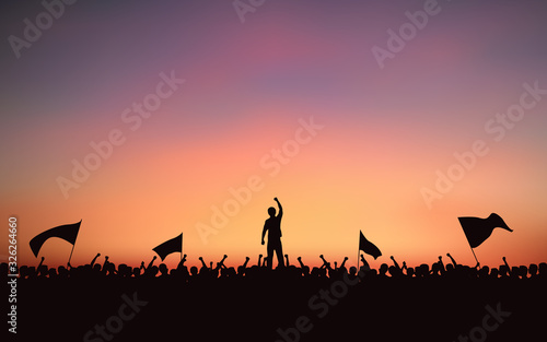 Vászonkép Silhouette group of protester Raised Fist and flags in flat icon design with eve