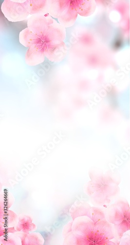 vertical Japanese Spring Sakura cherry blossoms 160x600 size website skyscraper banner background. 3D Illustration Clip-Art floral spring petal design header. copy space in pink, white, blue © remotevfx