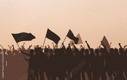Silhouette group of protesters people Raised Fist and flags in flat icon design with evening sky background