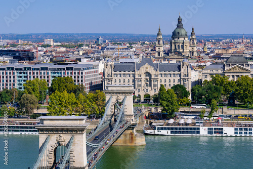 Aerial view of Széchenyi Chain Bridge across the River Danube connecting Buda and Pest, Budapest, Hungary © momo11353