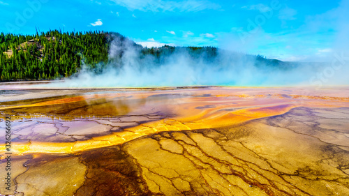 The colorful Bacterial Mats of the Grand Prismatic Spring in Yellowstone National Park, Wyoming, United Sates