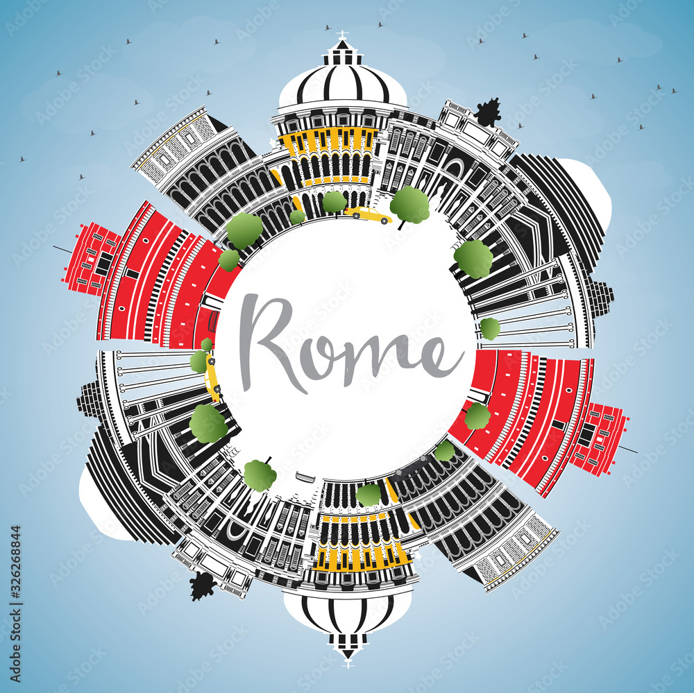 Ταπετσαρία Rome Italy City Skyline with Color Buildings, Blue Sky and Copy Space