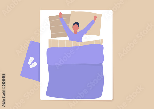 Young male character covered with blanket stretching in bed, morning routine, everyday life