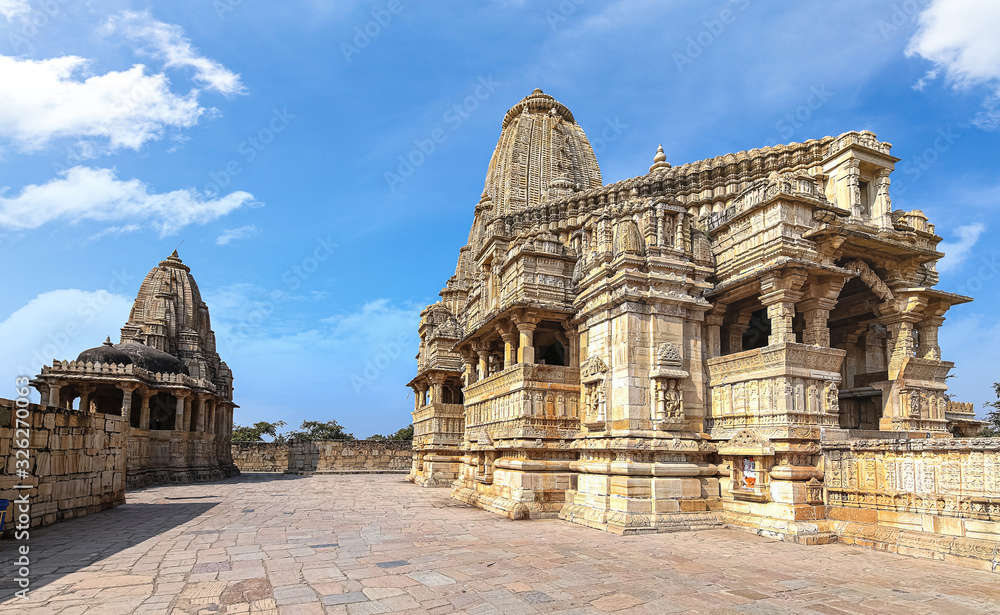 Hindu temple with beautiful artwork at Chittorgarh Fort. Chittor Fort is a UNESCO World Heritage site at  Rajasthan, India