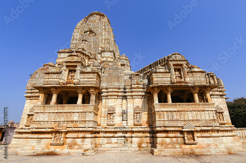 Hindu temple with ancient artwork at Chittorgarh Fort Rajasthan India