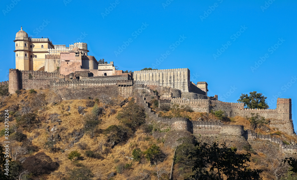 Medieval Kumbhalgarh Fort on top of a mountain at Rajasthan India. Kumbhalgarh is a Mewar fortress on the westerly range of Aravalli Hills, in the Rajsamand district near Udaipur