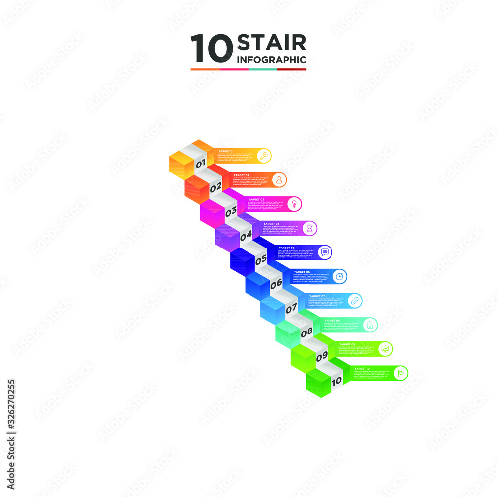 Obraz premium 10 stair step timeline infographic element. Business concept with ten options and number, steps or processes. data visualization. Vector illustration.