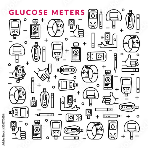 Diabetes blood glucose meter linear icons set