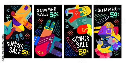 Summer Sale 50% discount Poster and Banner. Promotion flyer, discount voucher template special offer market brochure. Vector doodle illustration set for summer sales.