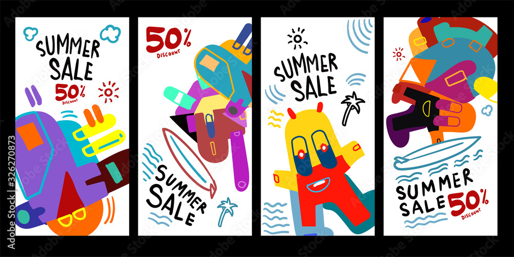 Summer Sale 50% discount Poster and Banner. Promotion flyer, discount voucher template special offer market brochure. Vector doodle illustration set for summer sales.