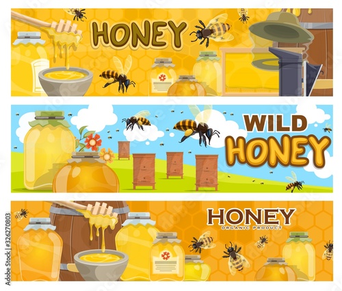 Honey, bees and apiary beehives, beekeeping farm. Vector honeycombs, bee insects and flowers, hives, beekeeper hat and smoker, jars, barrels and bowls of honey with dippers, apiculture design