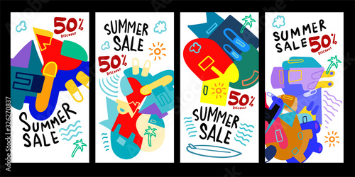 Summer Sale 50% discount Poster and Banner. Promotion flyer, discount voucher template special offer market brochure. Vector doodle illustration set for summer sales. © yahya
