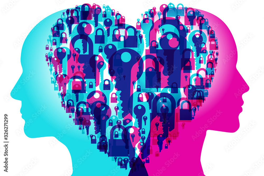 A male and female side silhouette positioned back to back, overlaid with various semi-transparent Padlock and Keys shapes grouped together to form a classic “Love Heart” shape. A male and female side silhouette positioned back to back, overlaid with various semi-transparent Padlock and Keys shapes grouped together to form a classic “Love Heart” shape.
