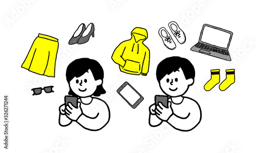 スマートフォンで衣服を検索する男女（シンプル）