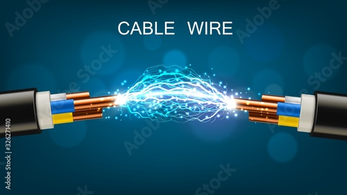 Electrical cable with copper wires, power equipment of energy industry. Vector realistic cable break or disconnect with electric discharge and sparks between stripped conductors photo