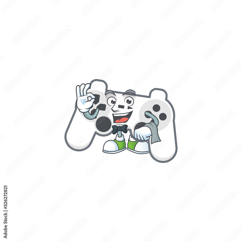 A white joystick cartoon mascot working as a Waiter A white joystick cartoon mascot working as a Waiter