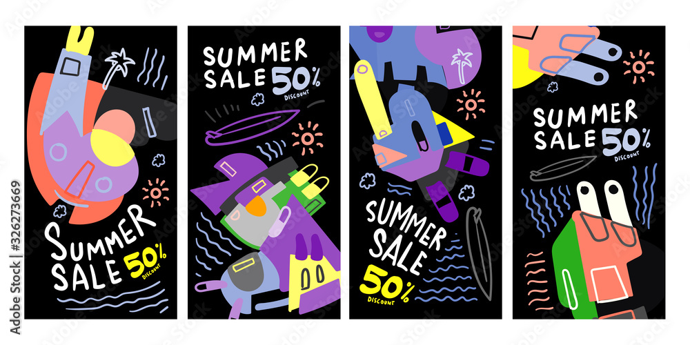 Fototapeta premium Summer Sale 50% discount Poster and Banner. Promotion flyer, discount voucher template special offer market brochure. Vector doodle illustration set for summer sales.