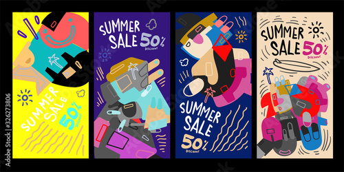 Summer Sale 50% discount Poster and Banner. Promotion flyer, discount voucher template special offer market brochure. Vector doodle illustration set for summer sales.