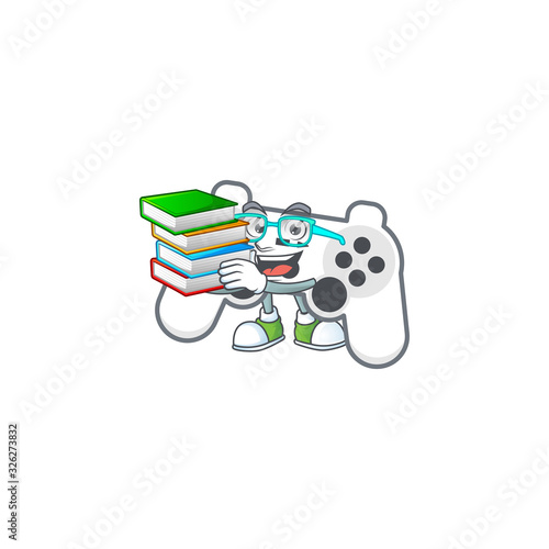 A brainy clever cartoon character of white joystick studying with some books