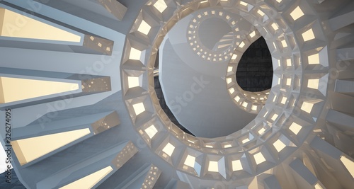 Abstract architectural concrete interior with white discs. Neon lighting. 3D illustration and rendering.