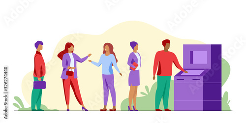 People waiting in queue for bank machine vector illustration. Customers standing in line for payment. Withdrawing money in bank