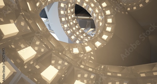 Abstract architectural concrete interior with white discs. Neon lighting. 3D illustration and rendering.