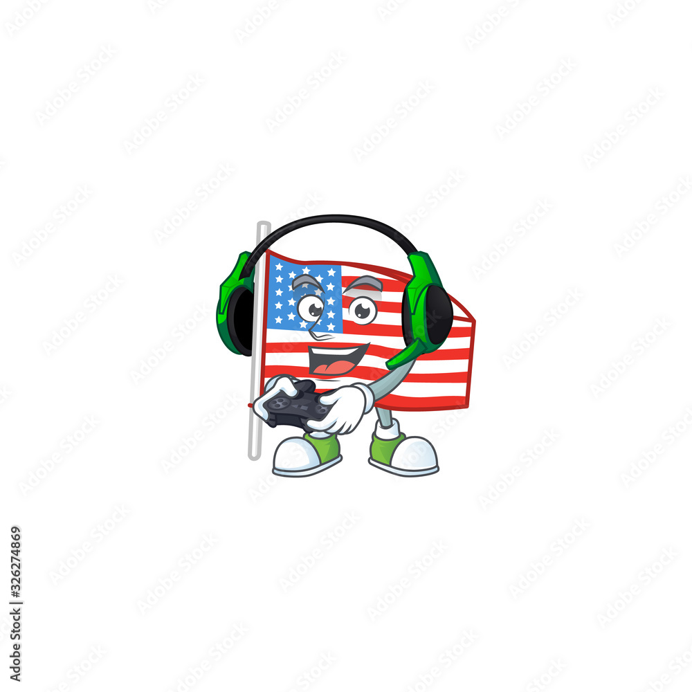 USA flag with pole cartoon picture play a game with headphone and controller USA flag with pole cartoon picture play a game with headphone and controller