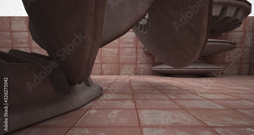 Abstract architectural rusted metal interior with concrete discs . 3D illustration and rendering.