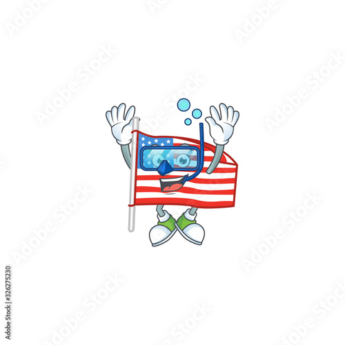 A mascot icon of USA flag with pole wearing Diving glasses