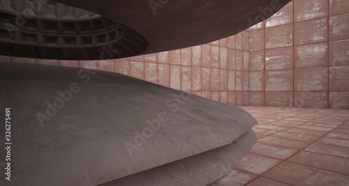 Abstract architectural rusted metal interior with concrete discs . 3D illustration and rendering.