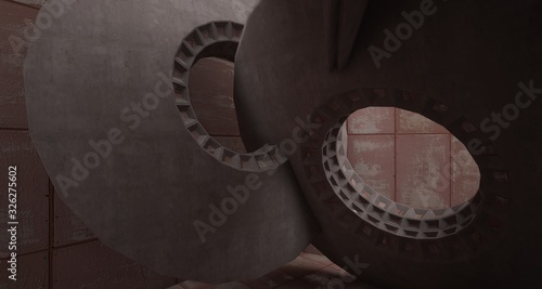 Abstract architectural rusted metal interior with concrete discs . 3D illustration and rendering.