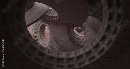 Abstract architectural rusted metal interior with concrete discs . 3D illustration and rendering.