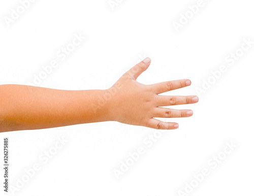 The boy opened his hand on the isolated white background
