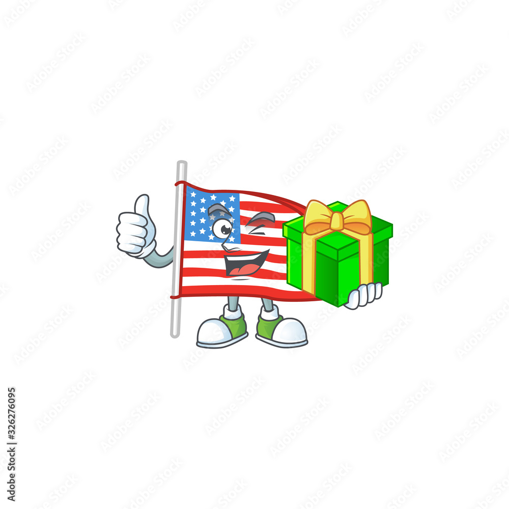 Cute USA flag with pole character holding a gift box