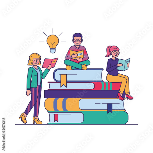People reading books for study vector illustration. Students looking for information in library literature. Bookworms sitting at giant book pile. Education and learning concept.