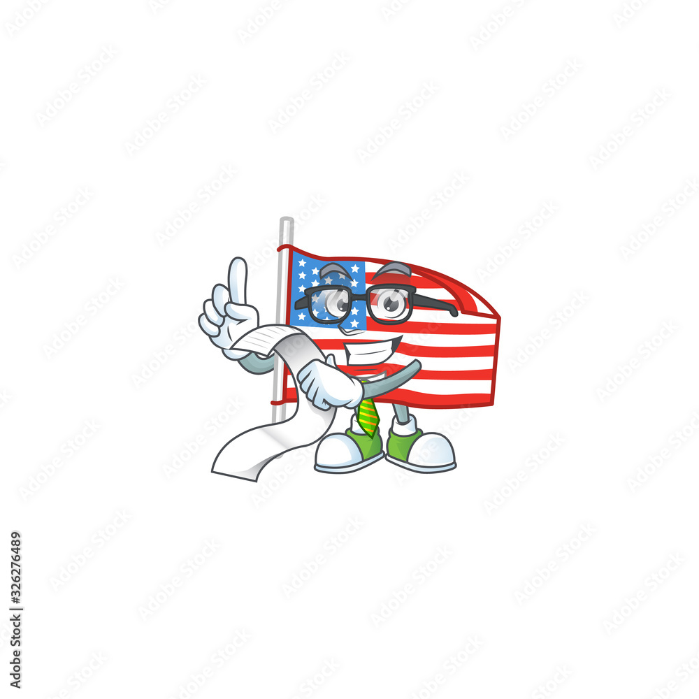A funny face character of USA flag with pole holding a menu A funny face character of USA flag with pole holding a menu