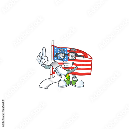 A funny face character of USA flag with pole holding a menu