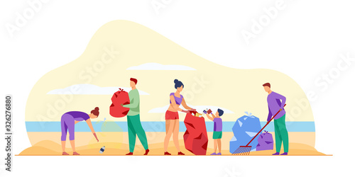 Eco volunteers cleaning sea or ocean beach from garbage. People, family with child collecting trash and sorting waste outdoors. Vector illustration for ecology, planet, nature