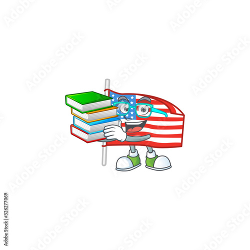 A brainy clever cartoon character of USA flag with pole studying with some books