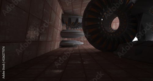 Abstract architectural rusted metal interior with concrete discs . 3D illustration and rendering.