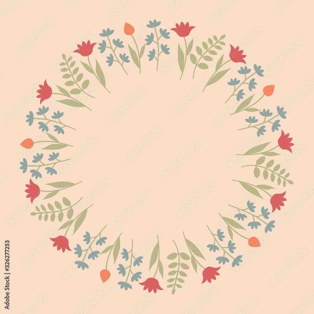 Decorative template with round floral ornament. Circular floral frame with wild flowers and tulips. Vector illustration EPS10