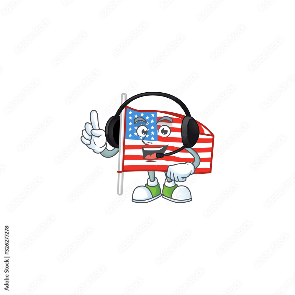 Sweet USA flag with pole cartoon character design speaking on a headphone Sweet USA flag with pole cartoon character design speaking on a headphone