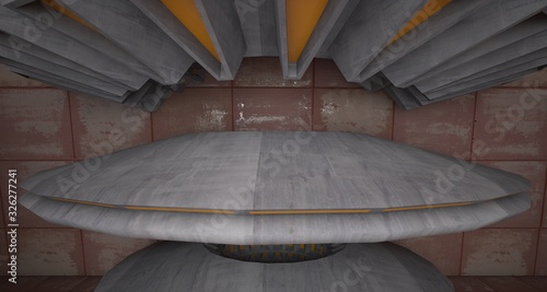 Abstract architectural rusted metal interior with concrete discs . 3D illustration and rendering.